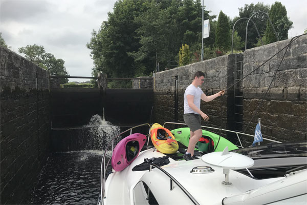 Taking a Noble Emperor through a lock on the Shannon-Erne waterway