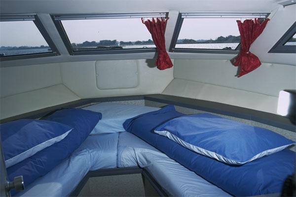 The front cabin on the Wave Earl Cruiser - Shannon River Boat hire Ireland.