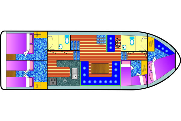 Plan of the Fermanagh Class 8+2 berth Cruiser. Four cabins sleep eight persons and a double in the saloon.