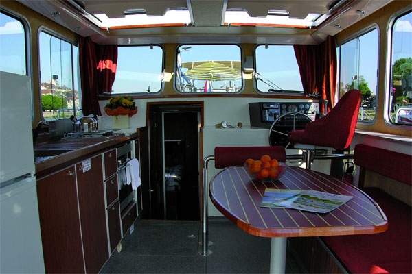 The Saloon on the P1120 Aft Deck Penichette, boat for hire on the Shannon River.