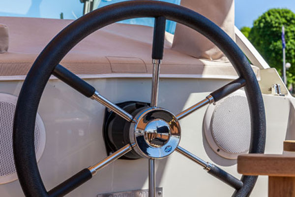 The Steering Wheel on the Linssen Grand Sturdy Hire Boat.