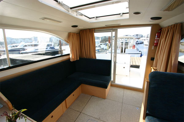 Saloon and rear patio doors on the Limerick Class hire boat.