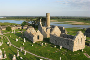 Aerial view of the ancient monastic settlement at Clonmacnoise